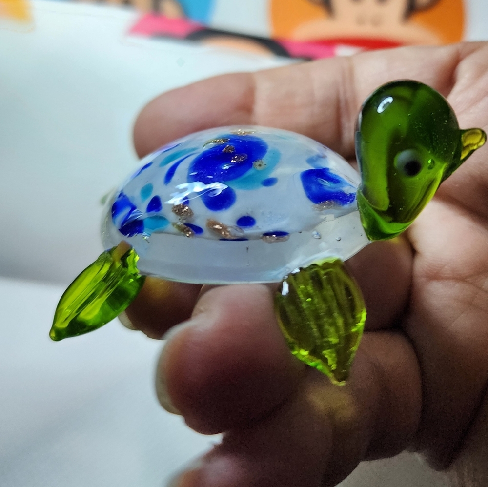 Handblown Glass Turtle with Glod sparkles, blur, white and green glass